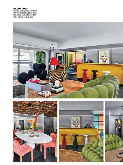 A spread from the India Today HOME feature on Project 86. It highlights the color-cued design, from the living room and bar to the dining area.