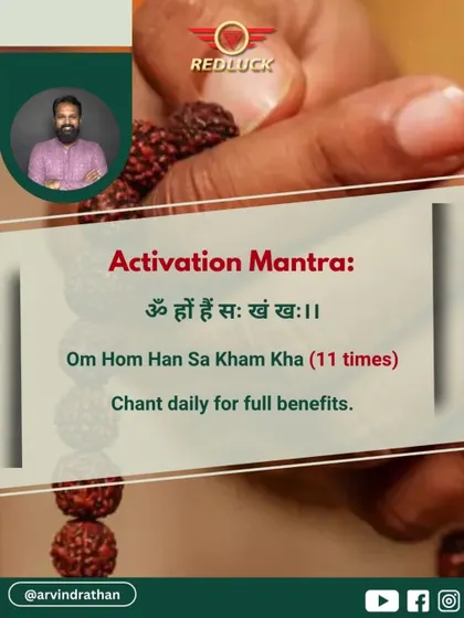 The activation mantra for the powerful Trijuti Rudraksha is "Om Hom Han Sa Kham Kha." I recommend chanting this 11 times daily to receive its full benefits for leadership, intuition, and overall vitality.