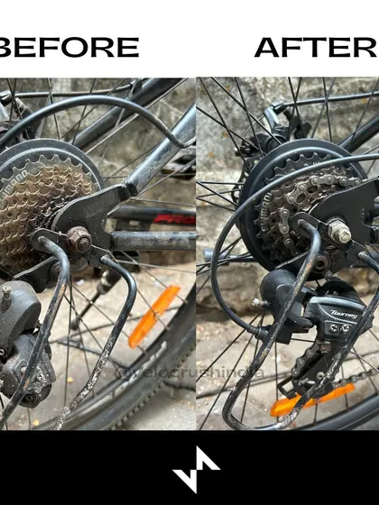 A detailed look at the rear derailleur of the Frog bike. We cleaned the cassette and derailleur and installed a new chain to get it running smoothly.