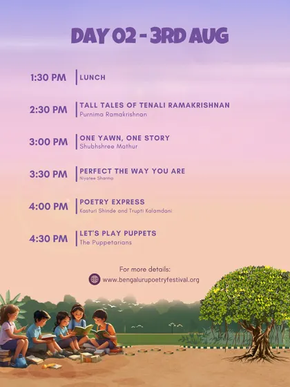 The schedule for Day 2 of the Children's Fest, featuring more tales, puppets, and creative sessions for the little ones.