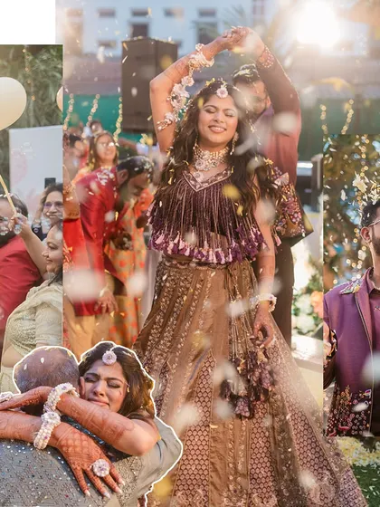 A collage capturing the essence of a Phoolon Ki Holi celebration. It's all about love, laughter, emotional hugs, and the vibrant beauty of flower petals showering the happy couple.