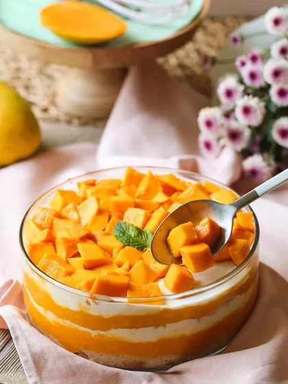 A refreshing bowl of our Mango Cream Cheese Trifle. This dessert layers light cake with a creamy cheese filling and is topped with a generous amount of fresh, juicy mango chunks. It's the taste of summer in a bowl.