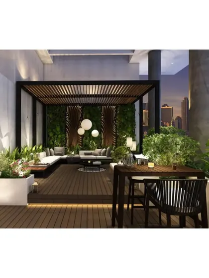 This terrace design creates an intimate evening ambiance with warm, low-level lighting. The space includes a covered seating area with a green wall and an open-air dining spot, perfect for city nights.