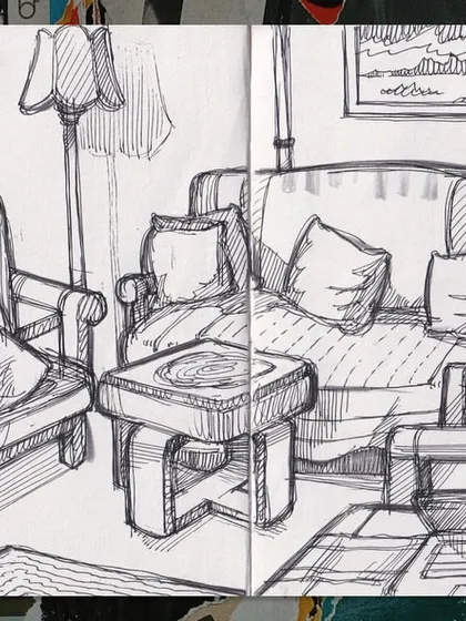A cozy interior scene drawn directly in my sketchbook. I used a pen to capture the details of the furniture, the play of light from a lamp, and the overall comfortable feeling of a living room.