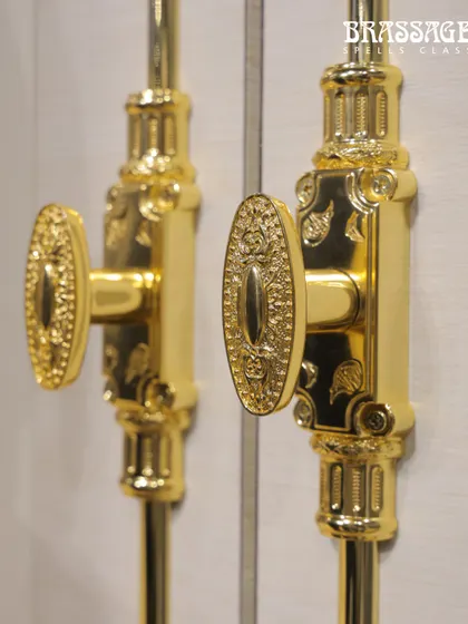 A close-up of my intricately detailed door bolts in a polished gold finish. Exhibitions are the perfect opportunity for visitors to appreciate the fine craftsmanship and detailed engraving that can only be truly seen up close.