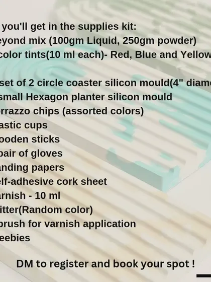 Here is another look at the supplies you will receive in the mail. I have carefully selected each item, including a hexagon planter mold, terrazzo chips, and varnish, so you have everything you need to start creating.