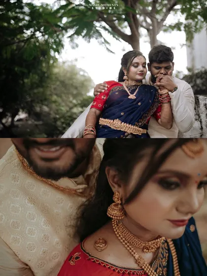 Close up shots from the engagement shoot, focusing on the couple's expressions and the intricate details of the bride's jewelry and saree.