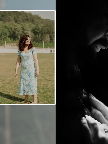 An artistic pre-wedding collage contrasting a joyful, sunlit portrait with a dark, intimate close-up. This pairing showcases the different emotional notes we can capture in a single shoot.