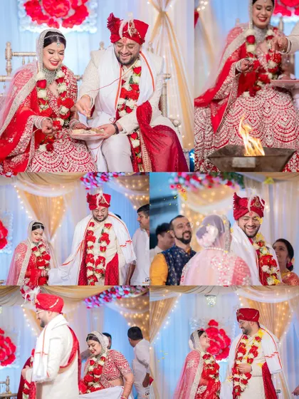 A collection of images from a Gujarati wedding ceremony, showing the couple participating in the rituals around the sacred fire.