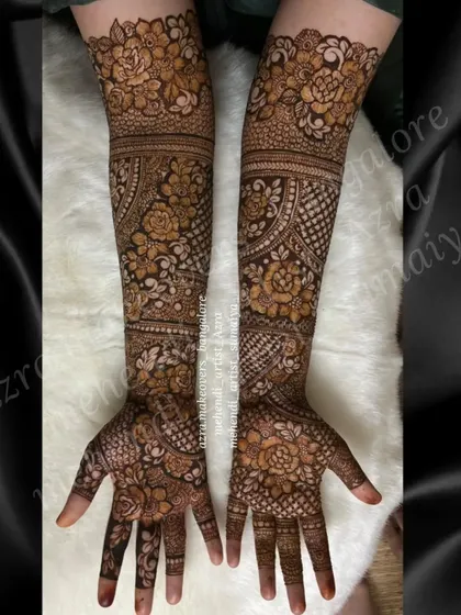 A full view of a floral band bridal mehendi, showing the beautiful symmetry and detail.