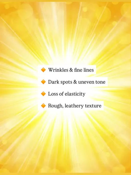 The visible signs of photoaging include wrinkles, fine lines, dark spots, loss of elasticity, and a rough, leathery skin texture.