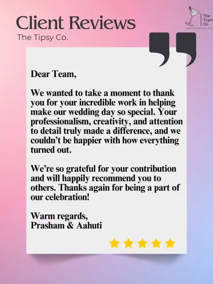 A wonderful thank you note from a couple who appreciated our professionalism, creativity, and attention to detail. We are so happy they were pleased with how everything turned out.