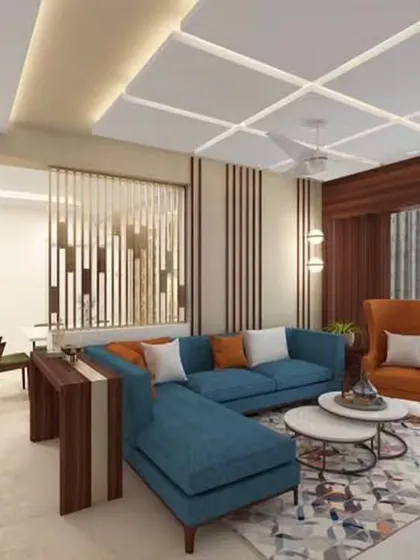 A contemporary living room with a bold blue sectional sofa. I used a coffered ceiling design and a wooden slat partition to define the space and add architectural interest.