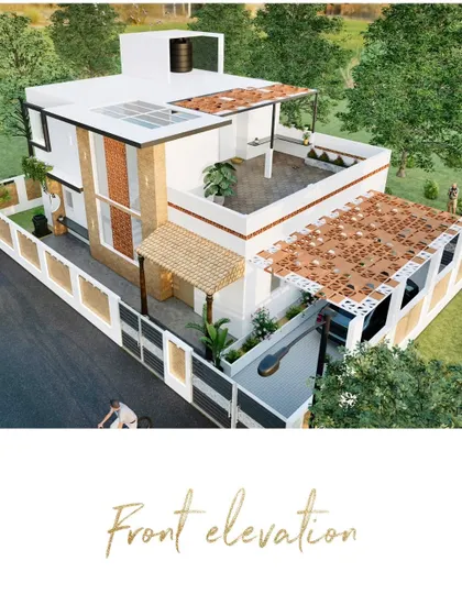 A front elevation view of a home where tradition meets innovation. The design combines earthy materials and traditional rooflines with clean, geometric forms, proving that beauty is found in the balance of old and new.