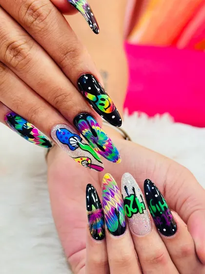 A vibrant and psychedelic design perfect for a music festival or party. This set features tie-dye patterns, smiley faces, mushrooms, and other fun, trippy elements in a rainbow of neon colors.