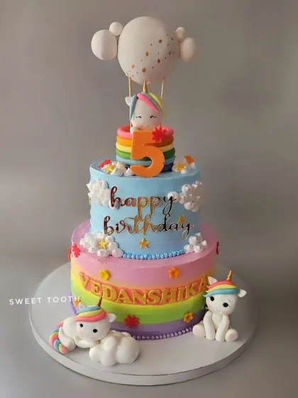 How many unicorns are too many? This chocolate truffle cake for Vedanshika's 5th birthday is a unicorn lover's dream, with multiple unicorns and a hot air balloon.