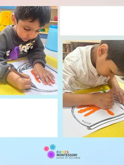 Children are focused on coloring their handprint fish, adding their own creative touches to the project.