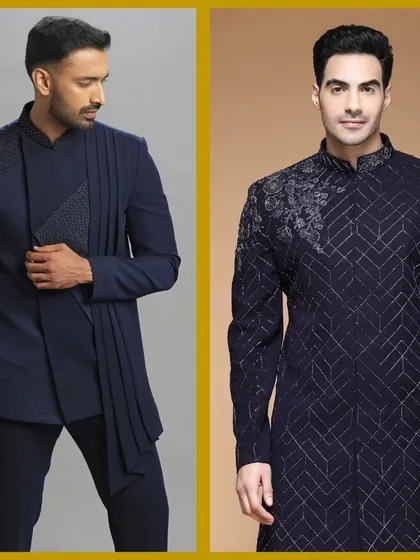 A blue Jodhpuri with an attached dupatta and a blue threaded Indo-Western. Modern, fashion-forward designs.