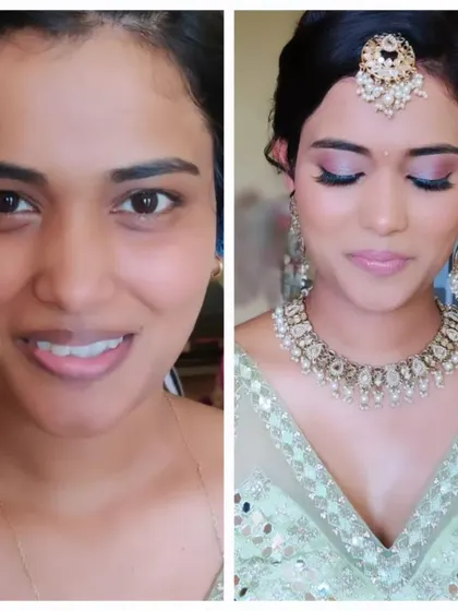 Before and after her engagement makeup. We created a soft, romantic look with shimmery pink eyeshadow and a dewy base to match her beautiful mint green lehenga.