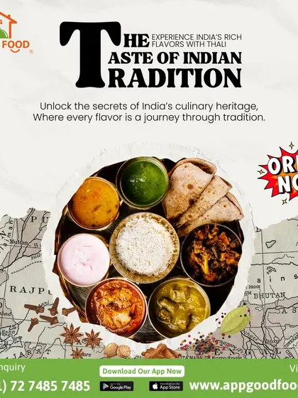 Unlock the secrets of India's culinary heritage with our thali. Set against a map of India, this meal represents a journey through tradition.