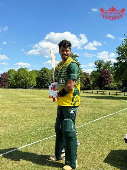 Our player Hitesh Chauhan, ready to bat on overseas grounds in the UK. His journey reflects the growth and ambition we instill in every player at Achievers.