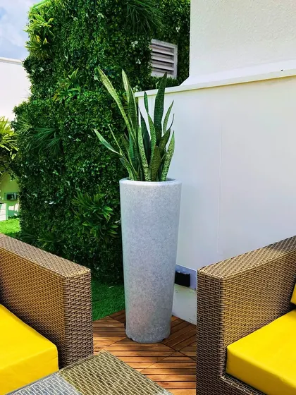 A cozy seating area on a Gurugram terrace, featuring wicker chairs with bright yellow cushions and a vertical garden in the background.