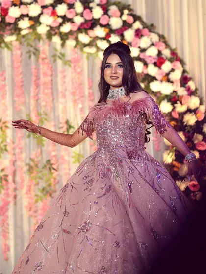 A full-length shot of the fairytale gown. The makeup was designed to be just as dramatic and breathtaking as the outfit.
