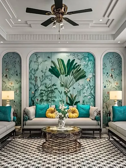 Your living room can be a work of art. For this space, I used a stunning botanical wallpaper as the centerpiece, complemented by elegant furniture and a patterned rug to create a unique and sophisticated living area.