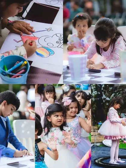 It's all about the fun! This collage shows kids engaged in coloring activities and enjoying the party atmosphere at our Alice in Wonderland event.