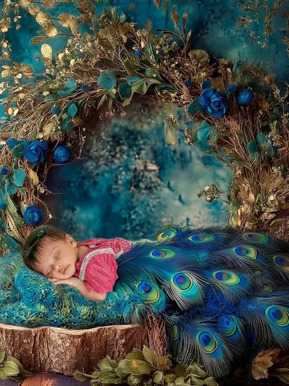 Another example of a digitally created masterpiece. This newborn appears to be sleeping on a bed of peacock feathers, a concept brought to life through editing.