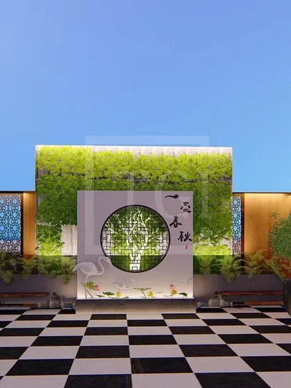 A stunning feature wall design for the Gurgaon project, with a circular cutout revealing a tree motif, flanked by vertical gardens.