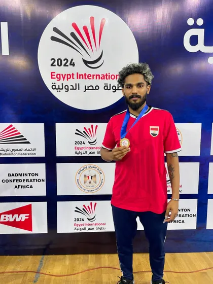 The moment of victory. Our trainee Raghu Mariswamy with his Gold Medal after winning the Men's Singles title at the Egypt International Series 2024.