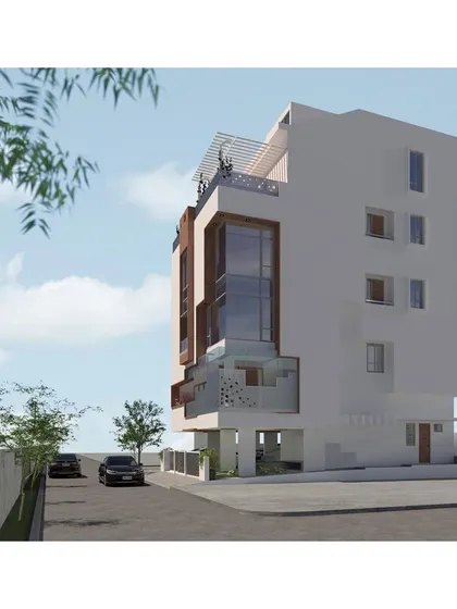 An alternate angle of the Tiwari Residence render. The view highlights the building's massing and the material palette, which includes wood-finish accents and perforated screens.