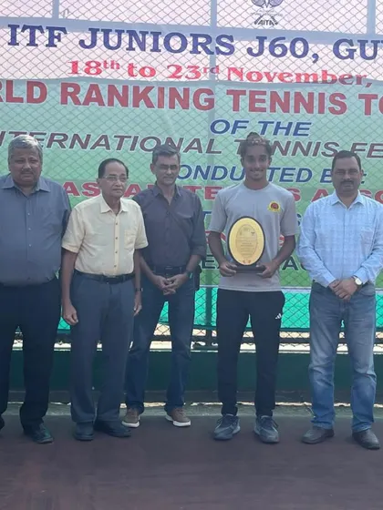 Our player Sehaj Singh after winning the ITF Juniors J60 Guwahati Doubles title. Competing and succeeding in ITF events is a key goal for our top junior players.