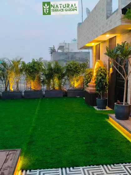 A view across the artificial lawn towards the planter-lined boundary of the Uttam Nagar terrace.