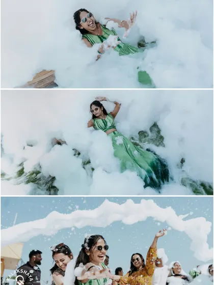 A collage of fun moments from the pre-wedding foam party, showing the bride and her friends.