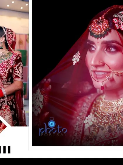An album layout featuring a beautiful close-up of the bride under her veil and a classic portrait with her groom.