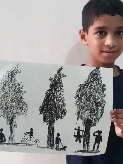 Prathul, a 2nd standard student, used a black sketch pen to create this striking piece of art. The drawing cleverly uses scribbling techniques for texture on the trees and simple silhouettes for the figures.