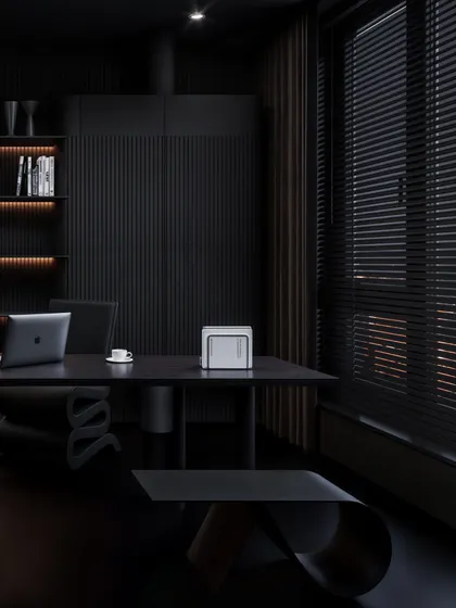This shot captures the city lights through the blinds, adding an urban context to the dark, intimate interior.