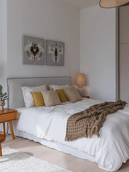 This bedroom in the Corner House uses a calm, neutral palette to create a restful atmosphere. The design is simple and uncluttered, with a focus on texture through the use of natural linens and a woven rug.