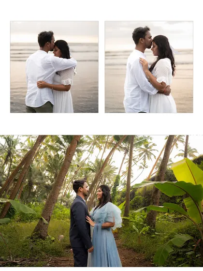 A collage combining intimate beach embraces with a serene portrait in a lush, tropical setting, showcasing different moods from their pre-wedding shoot.