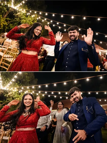 A collage of the couple dancing and enjoying their reception under a canopy of fairy lights.