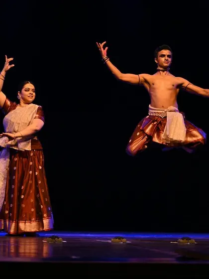 A moment of perfect synchronicity from 'Raag Raagini', my collaborative duet blending the styles of Bharatanatyam and Kathak. This jump captures the energy of two distinct art forms meeting.