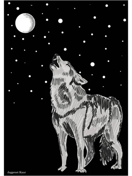 A wolf howling at the moon. This piece is about connection, inspired by the idea that we are never truly alone, but are all wolves howling at the same moon.