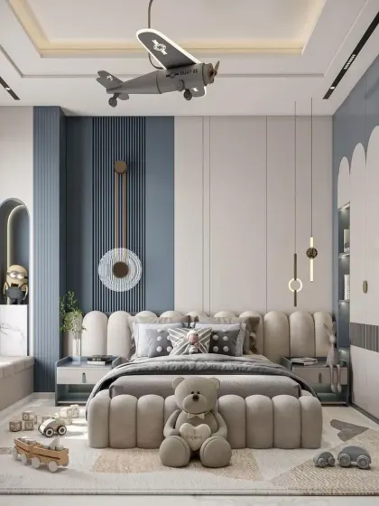 Designing a kid's room that is both fun and functional is my specialty. This concept features a playful airplane light fixture, a cozy upholstered bed, and custom wardrobes that grow with your child.