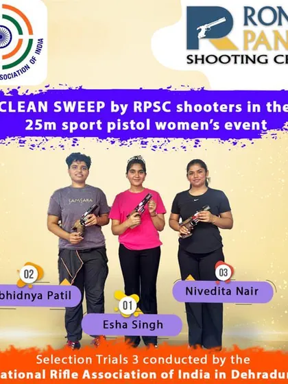 A clean sweep for RPSC. Our women shooters secured all three podium spots in the 25m Sport Pistol event at the National Selection Trials in Dehradun, with Esha Singh winning Gold, Abhidnya Patil Silver, and Nivedita Nair Bronze.