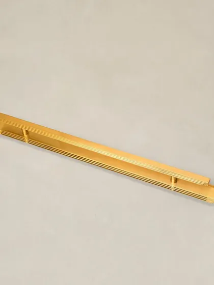 A full-length view of the Natali door pull with a long backplate, emphasizing its sleek, architectural form.