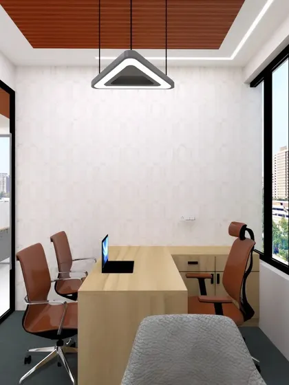 This perspective of the office cabin render focuses on the L-shaped desk and seating arrangement. The design ensures there is enough space for meetings while maintaining a personal work area, all part of my modular office furniture solutions.