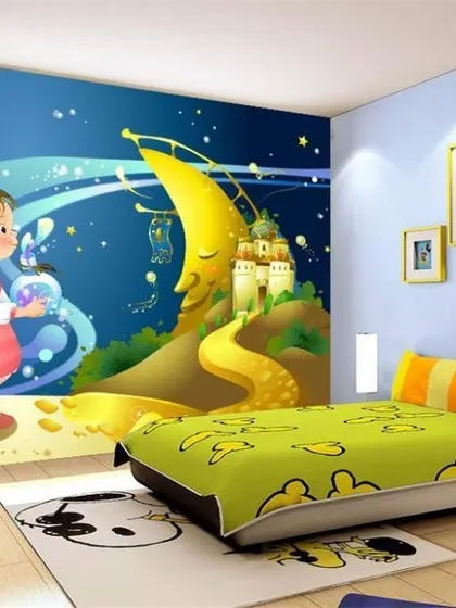 A duplicate of media 135, this enchanting moon castle wallpaper is a beautiful choice for creating a fantasy-themed bedroom for a child.