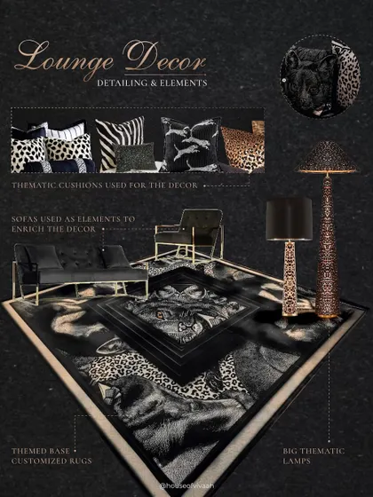 A breakdown of the decor elements for "The Dark Club" theme, showcasing the custom-designed rugs with panther motifs, thematic cushions in animal prints, and statement floor lamps.